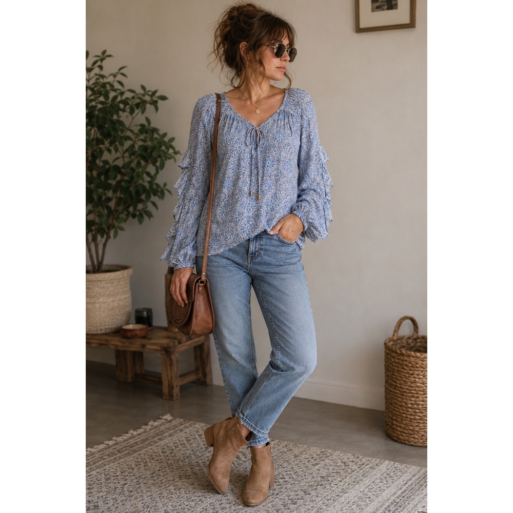 Bandolino Women's Large Short Blue‎ Paisley Boho Blouse Ruffle Sleeve Lace Up